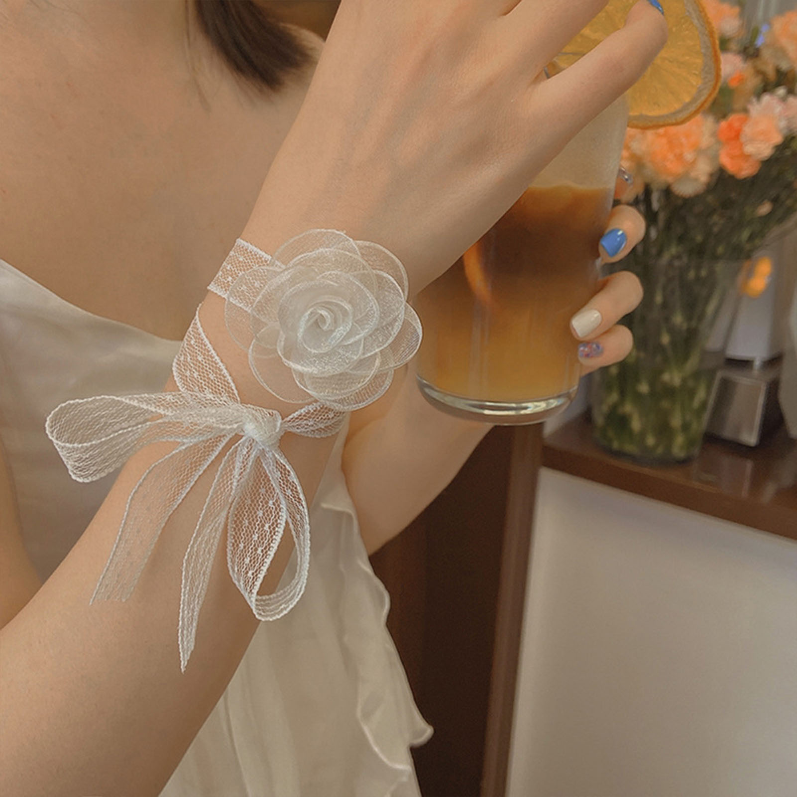 Lace Ribbon Trim - Kanten lintband met roosdecoratie, verstelbare haarkrans